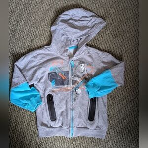 Disney Buzz Lightyear Light Gray Hoodie with Teal Sleeves. Size 4